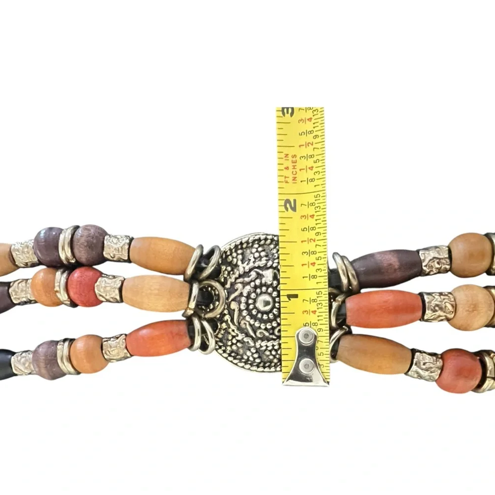 Vintage leather beaded belt boho mixed metal Medium 32”waist adjustable